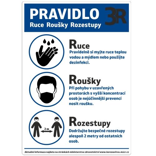 Samolepka pravidlo 3R ruce roušky rozestup 210x300 mm